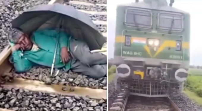 A man was sleeping comfortably when a train stopped right in front of him