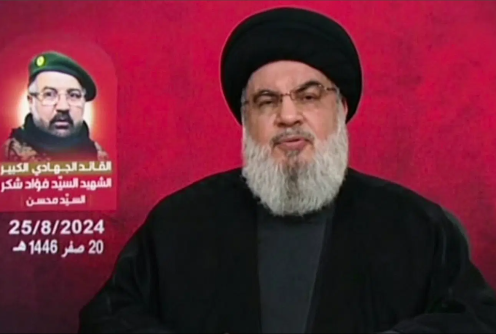 Hassan Nasrallah, leader of Lebanon's Hezbollah group. In a televised speech given yesterday, Sunday. Photo: AFP