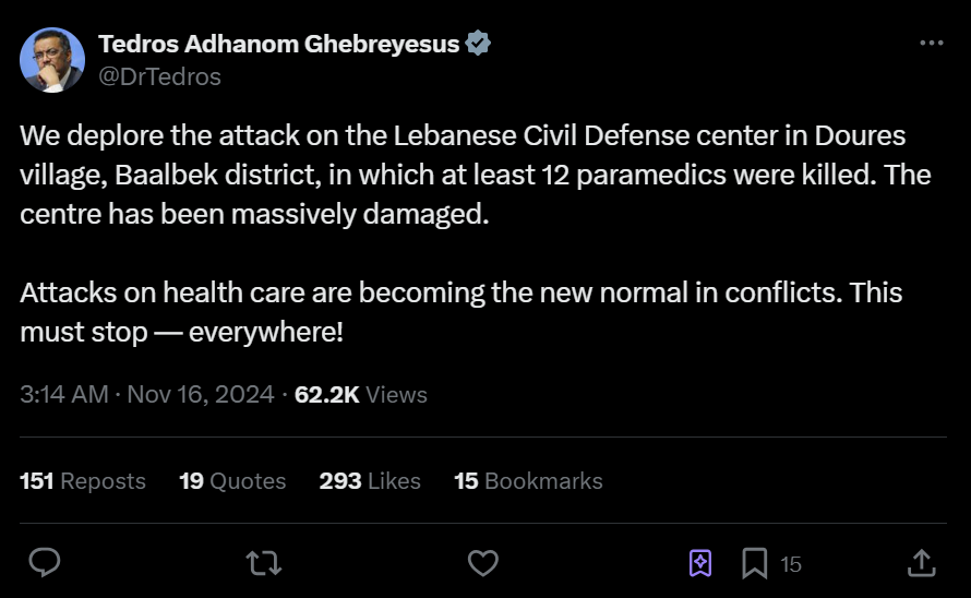 12 Paramedics Perish in Israeli Strike on Lebanon, WHO Chief Expresses Grief